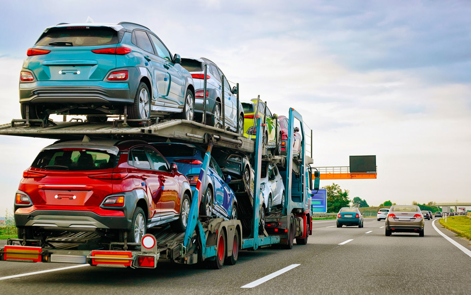 Cars Carrier Truck at Asphalt Highway Road in Poland